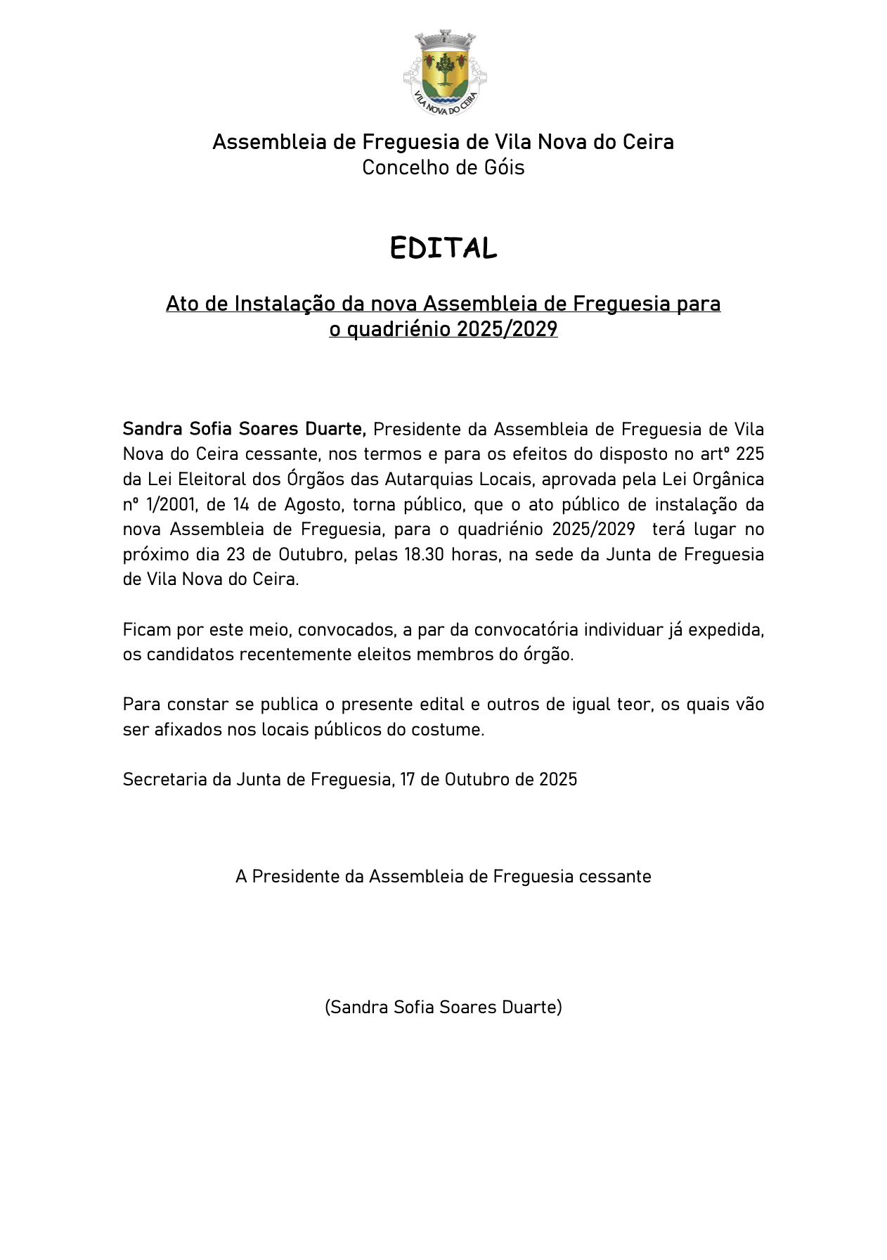 Notícia Edital - Assembleia de Freguesia - Ato de Instalação da nova Assembleia de Freguesia para o quadriénio 2025/2029